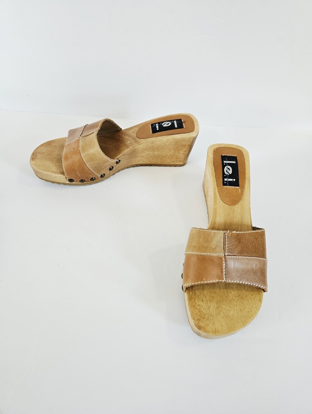 Vintage l.e.i. Wooden Diedra Platform Patchwork Leather Slip On Mule Sandals 8.5 - Picture 6 of 16